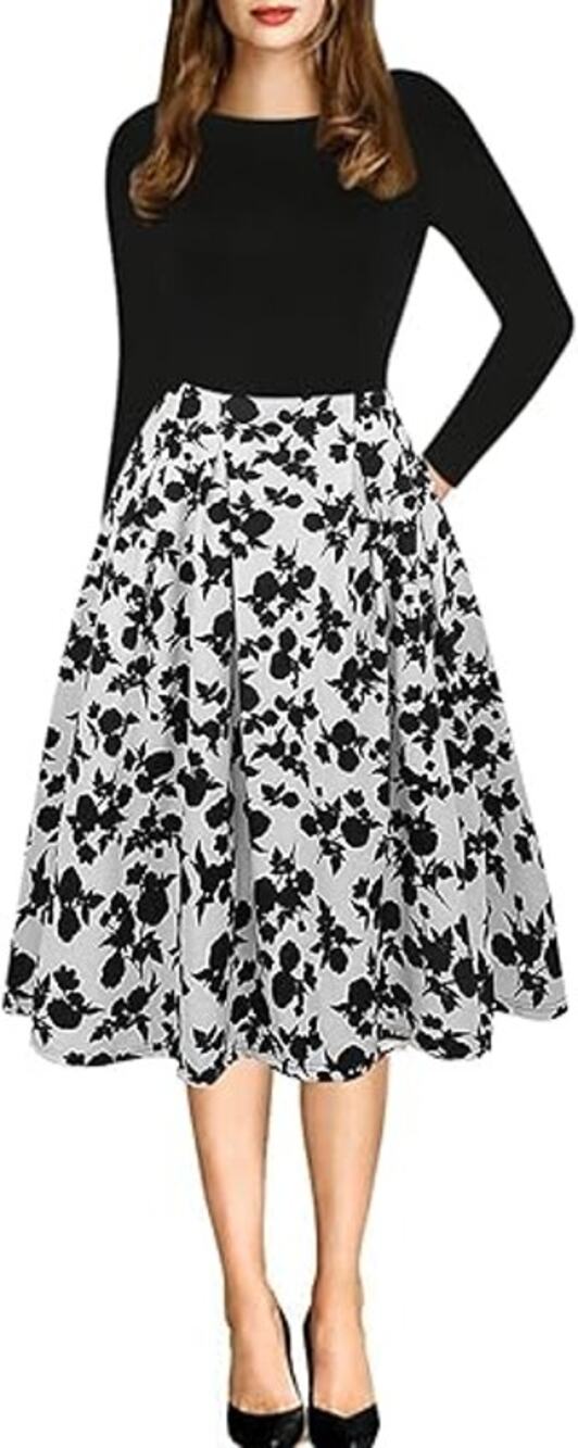OXIULY FASHION Fit & Flare Dress Long Sleeve Side Pocket Floral Black White Sz M